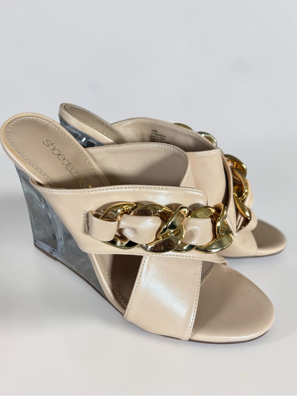 ShoeDazzle Louen Nude Clear Wedge Sandals Size 10 Gold Chain Mules